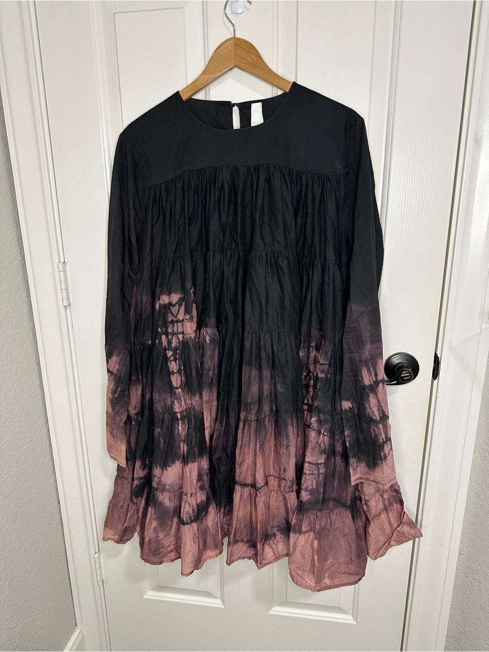 Merlette 100% Cotton Black Pink Tie Dye Long Sleeve Soliman Flare Dress M Fairy - Picture 2 of 10